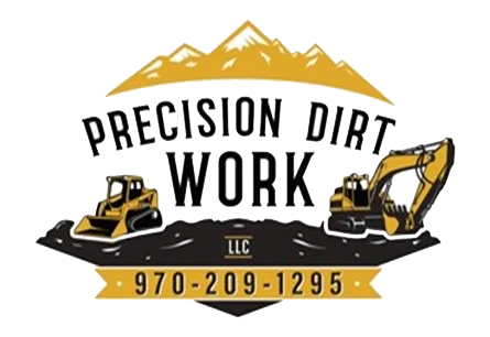 Logo for Precision Dirt Work LLC: black text, yellow mountains, and construction equipment. Phone number: 970-209-1295.