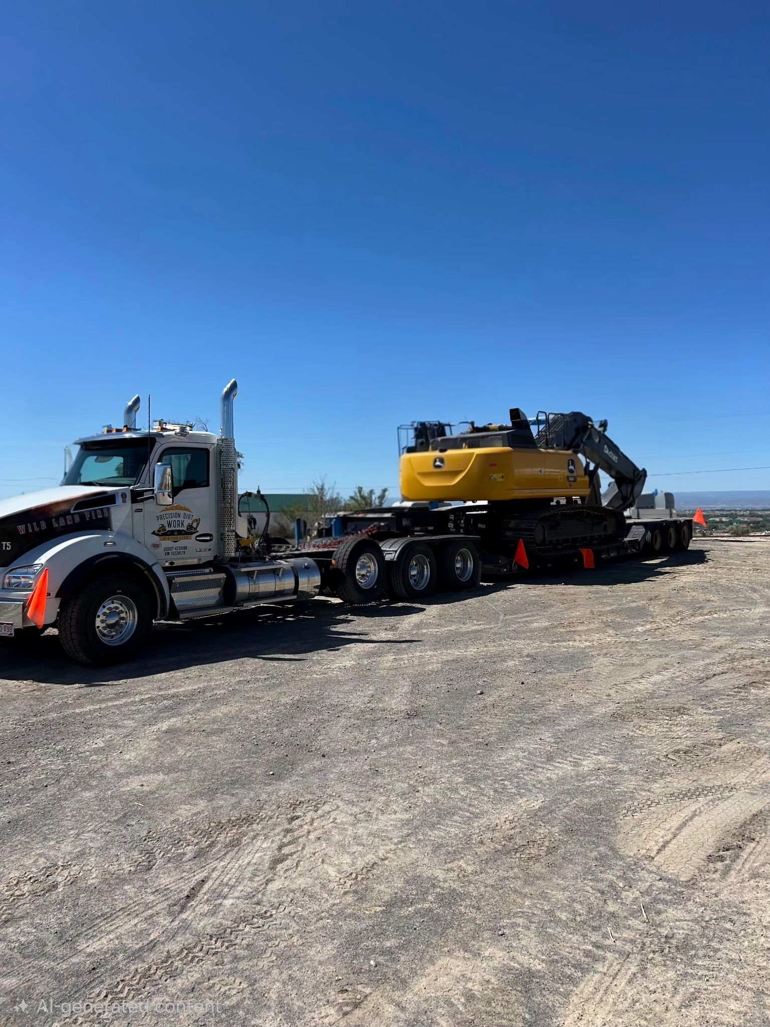 White semi truck hauling a yellow excavator on a flatbed trailer in a gravel lot under a blue sky