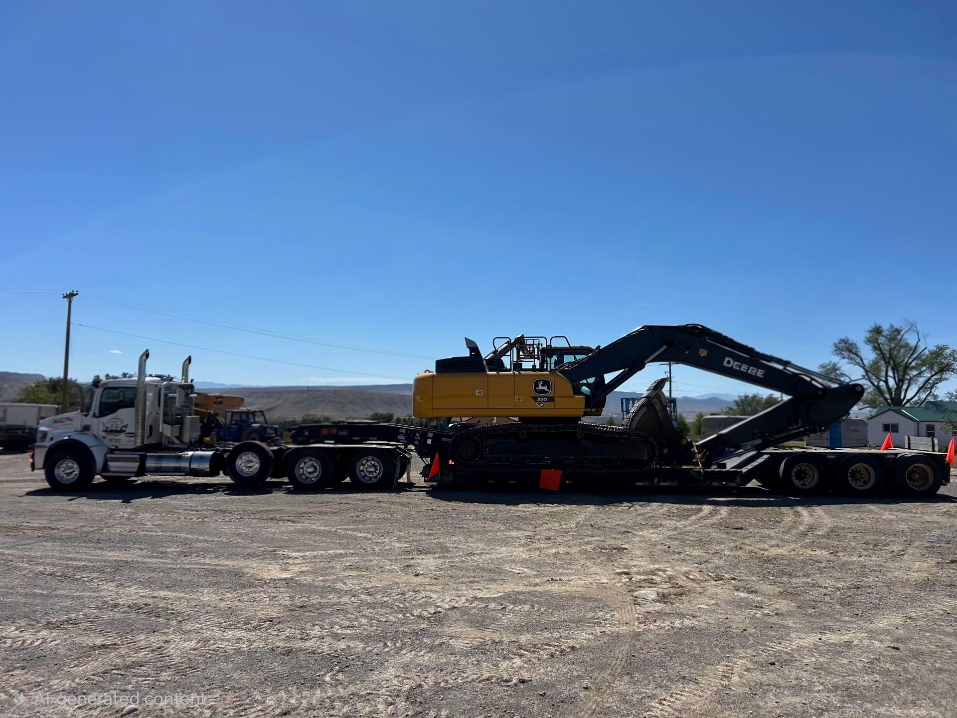 Heavy haul truck carrying a yellow excavator on a lowboy trailer in a desert landscape