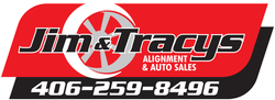 Jim & Tracy’s auto sales logo with phone number 406-259-8496 on a red, black, and white banner