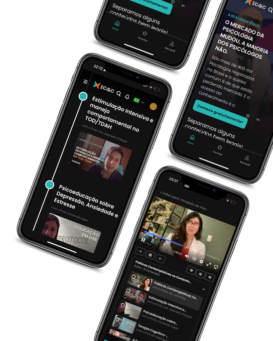 Quatro smartphones em ângulos diferentes exibindo um aplicativo de notícias em modo escuro com videoclipes e cartões de artigos.