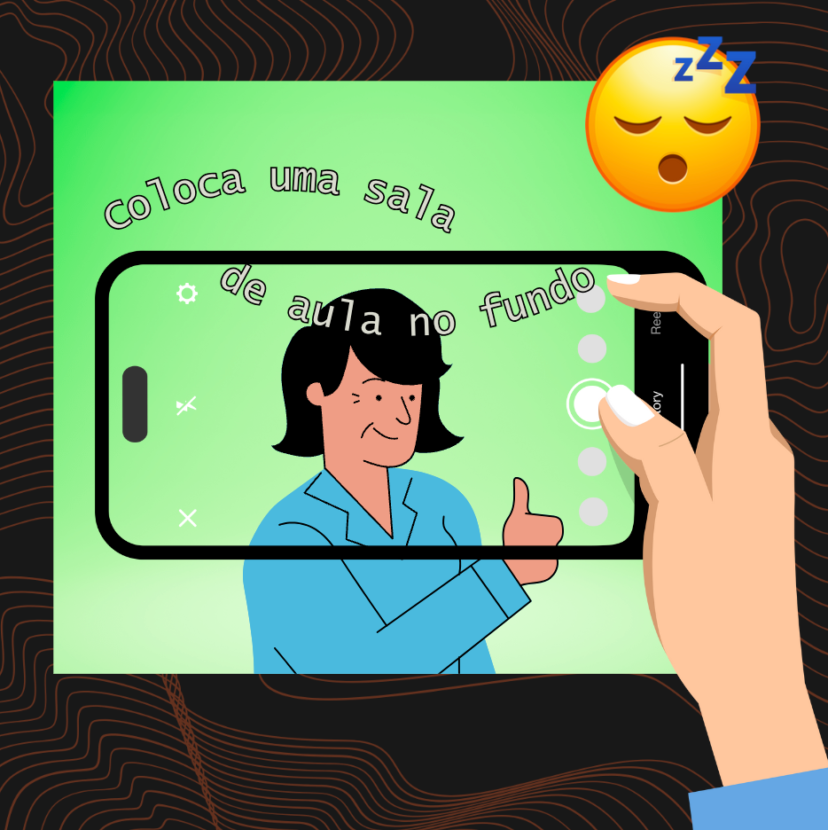 Uma mão segura um telefone que mostra na tela uma pessoa dormindo com as legendas “feche os ouvidos” e “sem fumaça”.