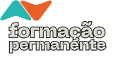 Logo “formação permanente” em cinza com ícone abstrato laranja e turquesa acima.