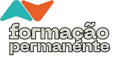 Logo da formação permanente com formas abstratas turquesa e laranja e texto preto contornado em branco.