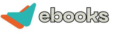 Logotipo de eBooks com ícone de livro estilizado em tons de verde-azulado e laranja e texto preto.