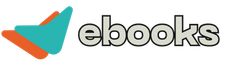Logotipo de eBooks com ícone abstrato em tons de verde-azulado e laranja e texto com contorno preto.