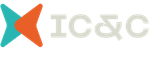 Logotipo da IC&C com ícone abstrato em tons de verde-azulado e laranja e texto cinza.