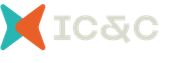 Logotipo da IC&C com marca abstrata em tons de verde-azulado e laranja e texto cinza sobre fundo branco.