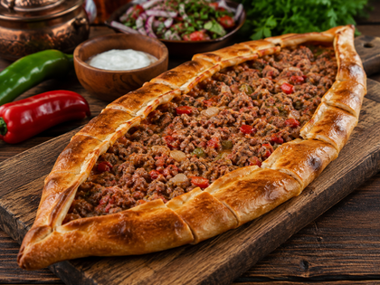 Pide turca, focaccia farcita con carne macinata e peperoni, servita su un tagliere di legno, con yogurt e insalata a parte.