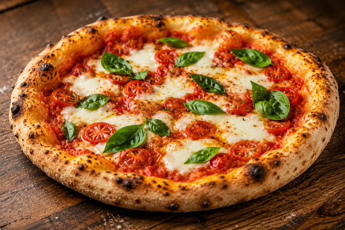 Pizza Margherita cotta nel forno a legna con foglie di basilico, formaggio fuso e salsa di pomodoro, servita su un tavolo di legno.