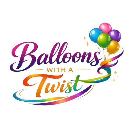 Colorful “Balloons with a Twist” logo with balloons and a rainbow swirl