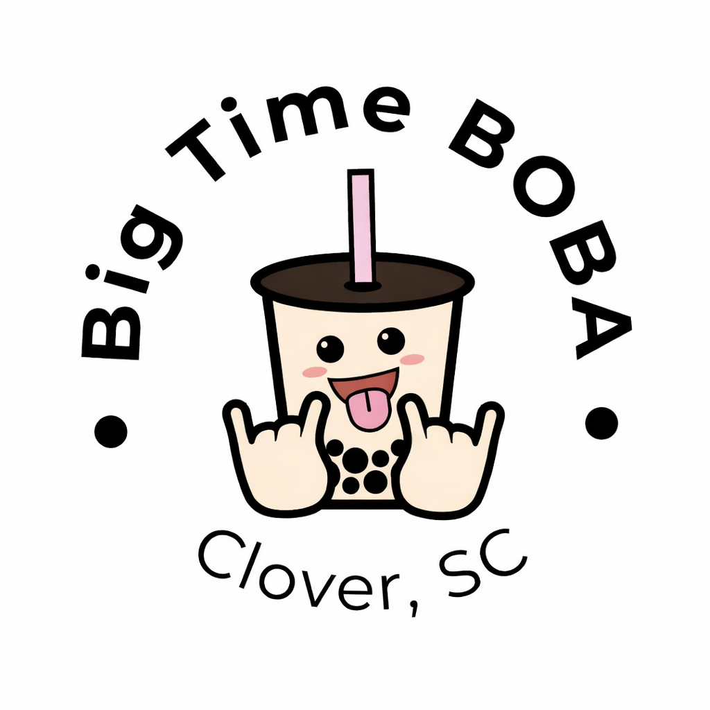 Logo for Big Time Boba in Clover, SC, featuring a smiling boba cup with rock-on hand gestures.