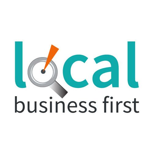 Local business first logo with teal text and a magnifying glass in the “o” topped by an orange pointer.