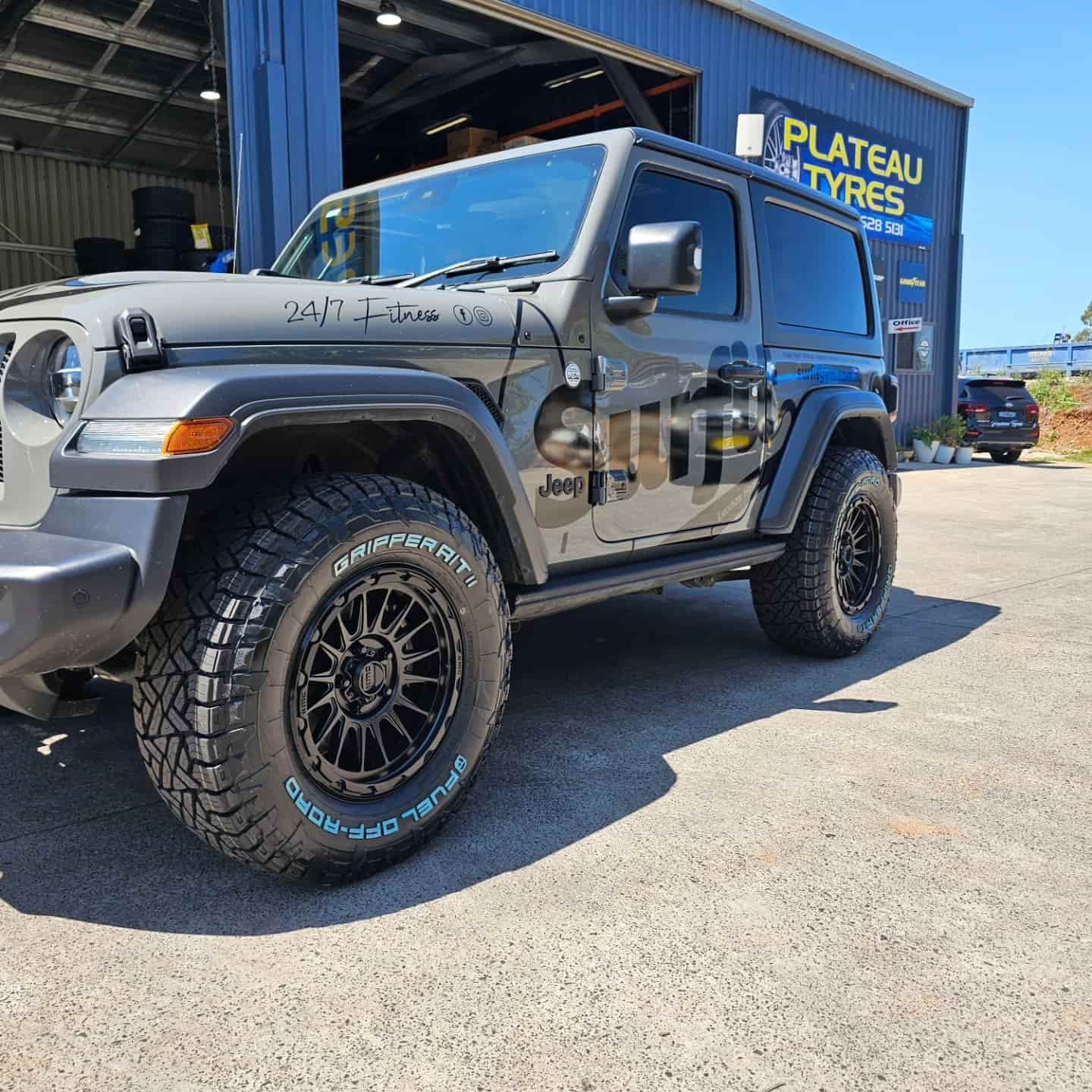 Gray Jeep Wrangler With Black Rims — Plateau Tyres in Alstonville, NSW