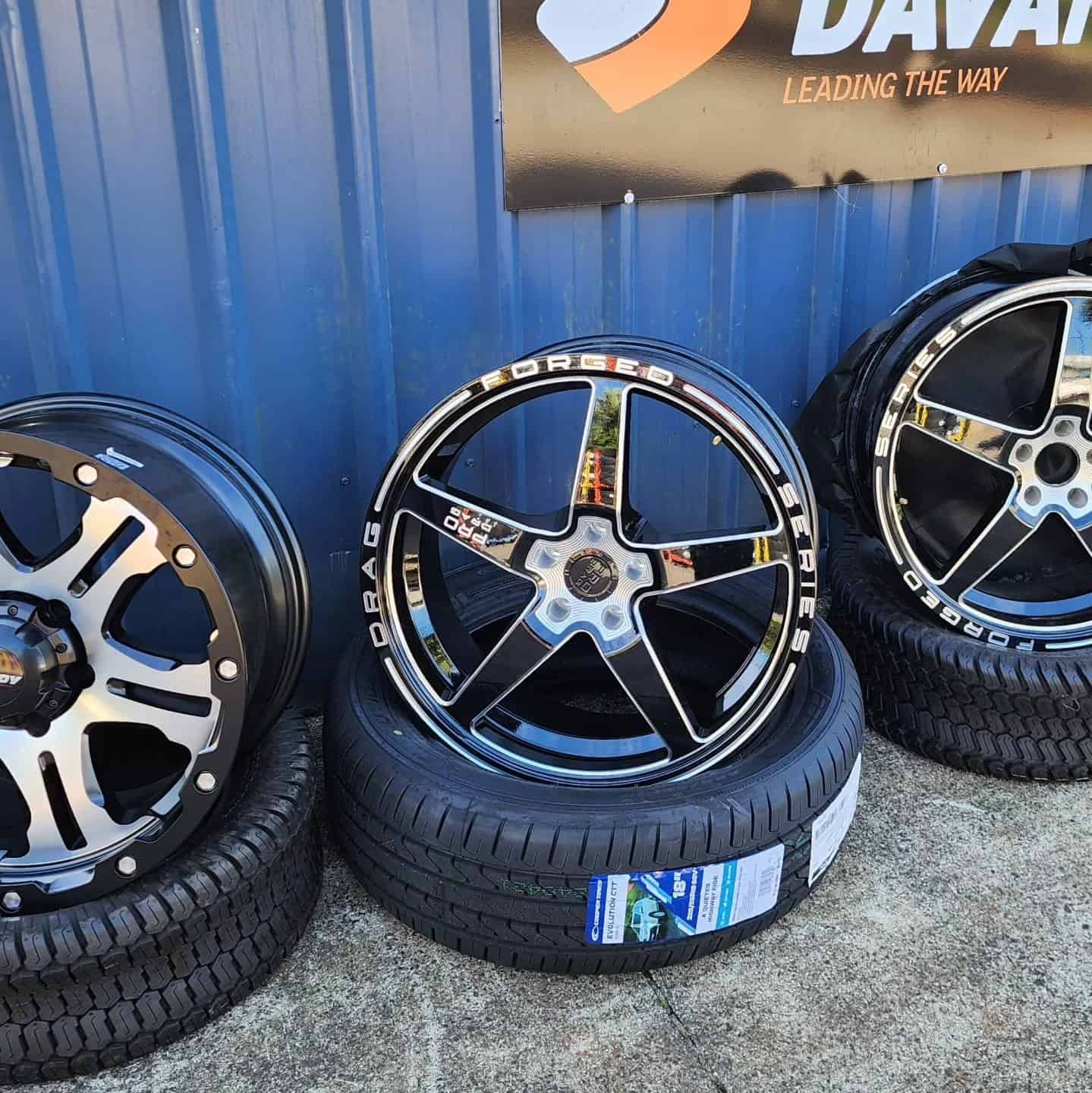 Three Car Rims With Tyres, Black and Chrome — Plateau Tyres in Wollongbar, NSW
