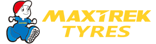 The Maxtrek Tyres logo featuring a cartoon character wearing a red hat and blue overalls next to yellow text.