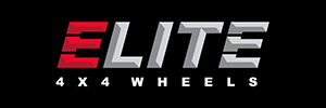 ELITE 4x4 Wheels logo in red, white, and gray on a black background