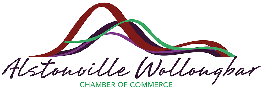 Alstonville Wollongbar Chamber of Commerce logo with maroon and green hills above script text