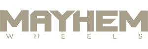 Mayhem Wheels logo in beige and gray with a stylized block-letter design