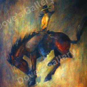 Cowboy riding a bucking bronco. The horse is dark brown, and the cowboy wears a hat and yellow shirt.