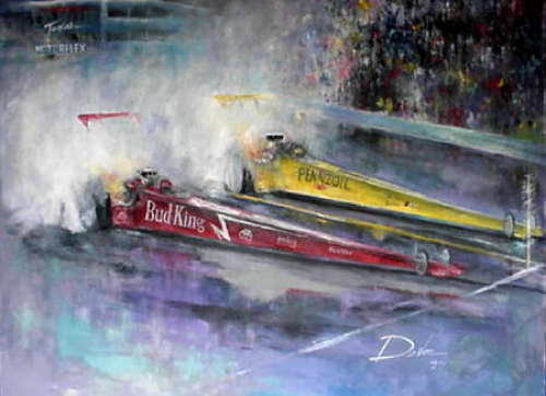Two dragsters, one red 