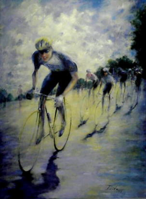 Cyclist in blue jersey leads race, sunlight on wet road, other cyclists behind.