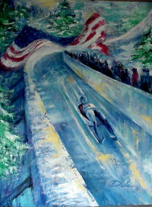 Luge racer on track with the American flag in background. Winter scene with blue, white, and red colors.