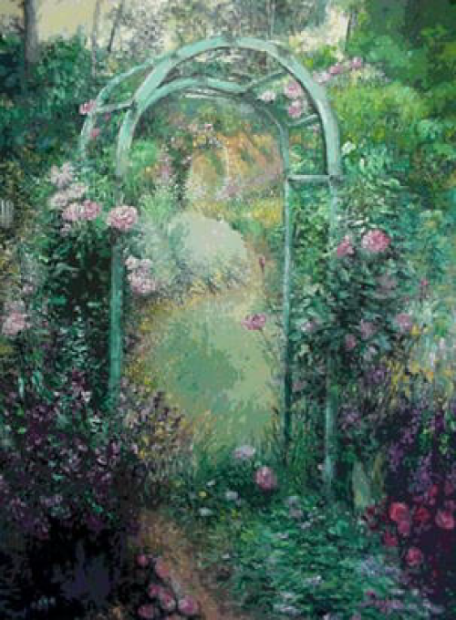 Garden archway covered in pink roses, leading to a path, surrounded by greenery.