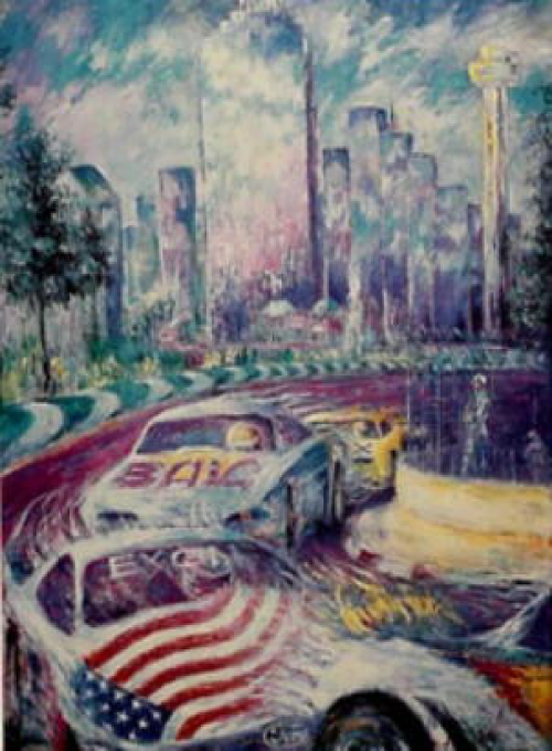 Race cars speeding around a track in front of a city skyline; American flag design on a car.
