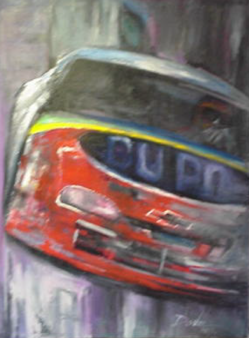 Red race car, front view, blurred background, with a multi-colored stripe and the word