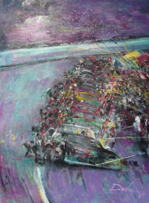 Abstract painting of a boat filled with figures, purple and teal hues, textured.