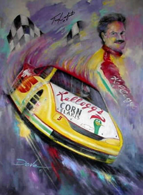 Artwork of Terry Labonte in his Kellogg's Corn Flakes race car, with checkered flags and a painted background.