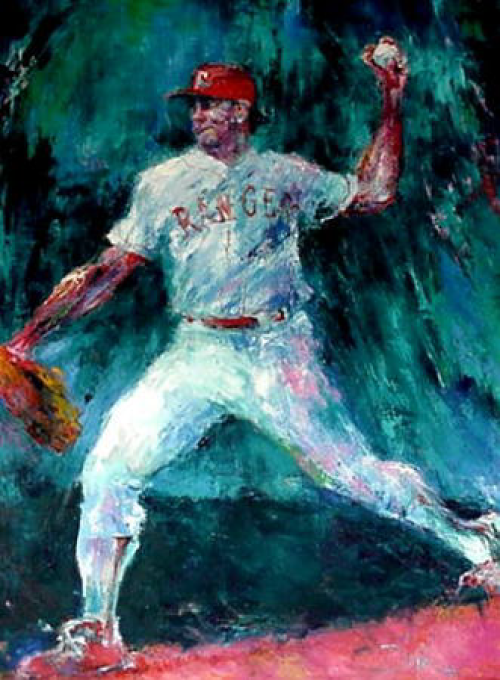 Baseball pitcher in white uniform and red cap, arm raised to throw ball, set against a teal and green background.