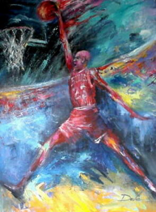 Michael Jordan dunking a basketball, red jersey, colorful abstract background.