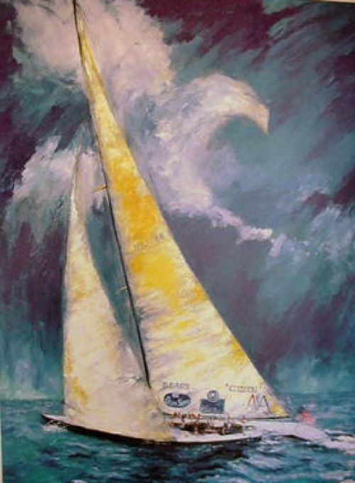 Sailboat on the water, sails billowing, in front of a dark, stormy sky.