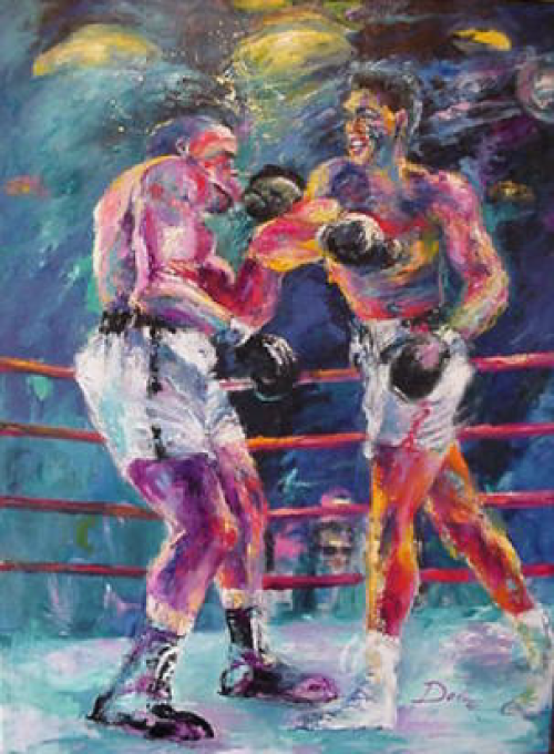 Two boxers in a ring; one punching the other. Colorful painting, blue and purple tones, bright light.