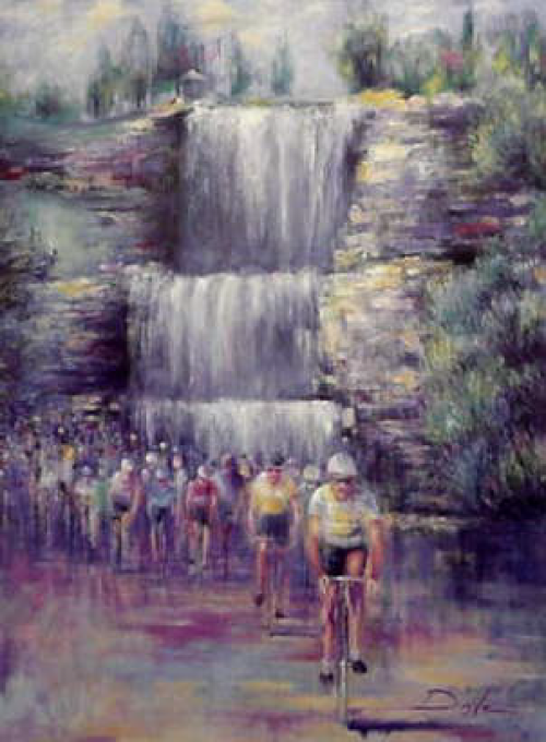 Cyclists race past a tiered waterfall. Soft colors, a row of cyclists in the foreground, and spectators in the distance.