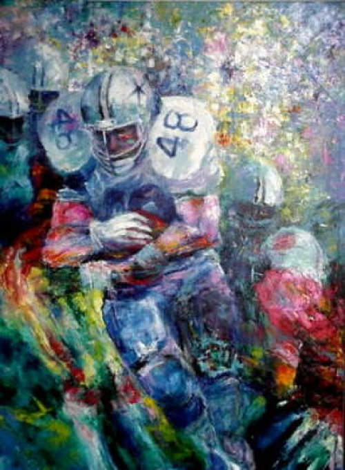 Football player in a blue uniform, number 48, running on the field, surrounded by other players.