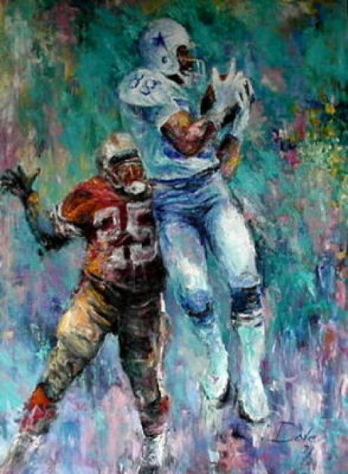 Football players in action, one catching the ball while jumping, another reaching up to defend.