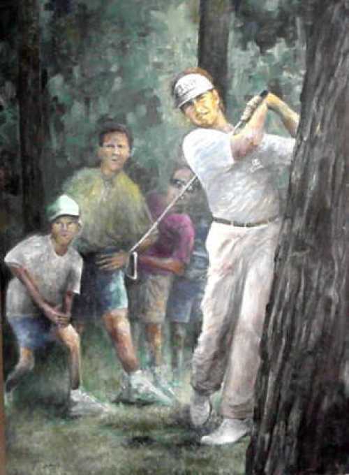 Man swinging golf club near tree, boys watch in forest.