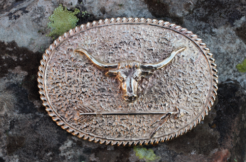 Gold-colored belt buckle with Texas longhorn design on a textured background.