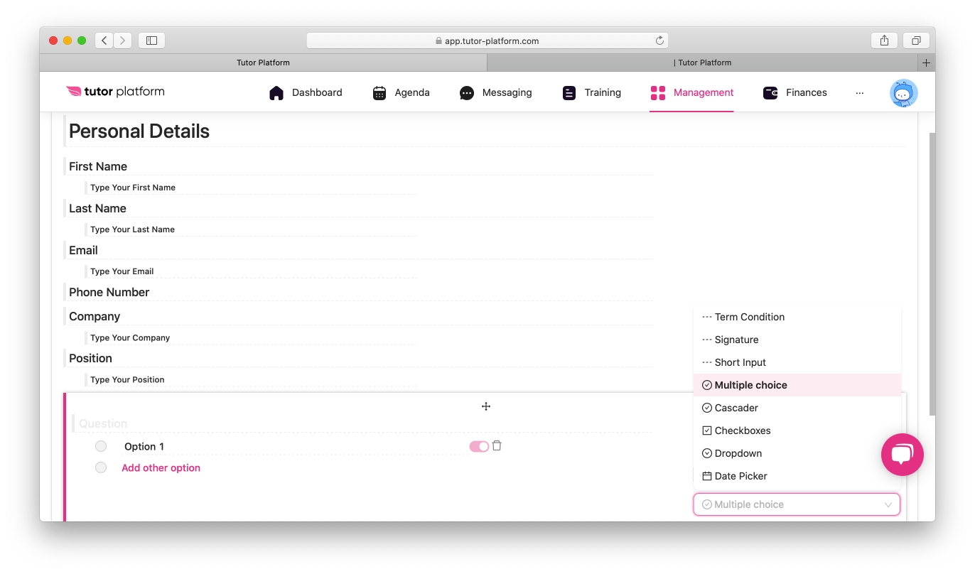 registration form or survey builder tool by tutor platform
