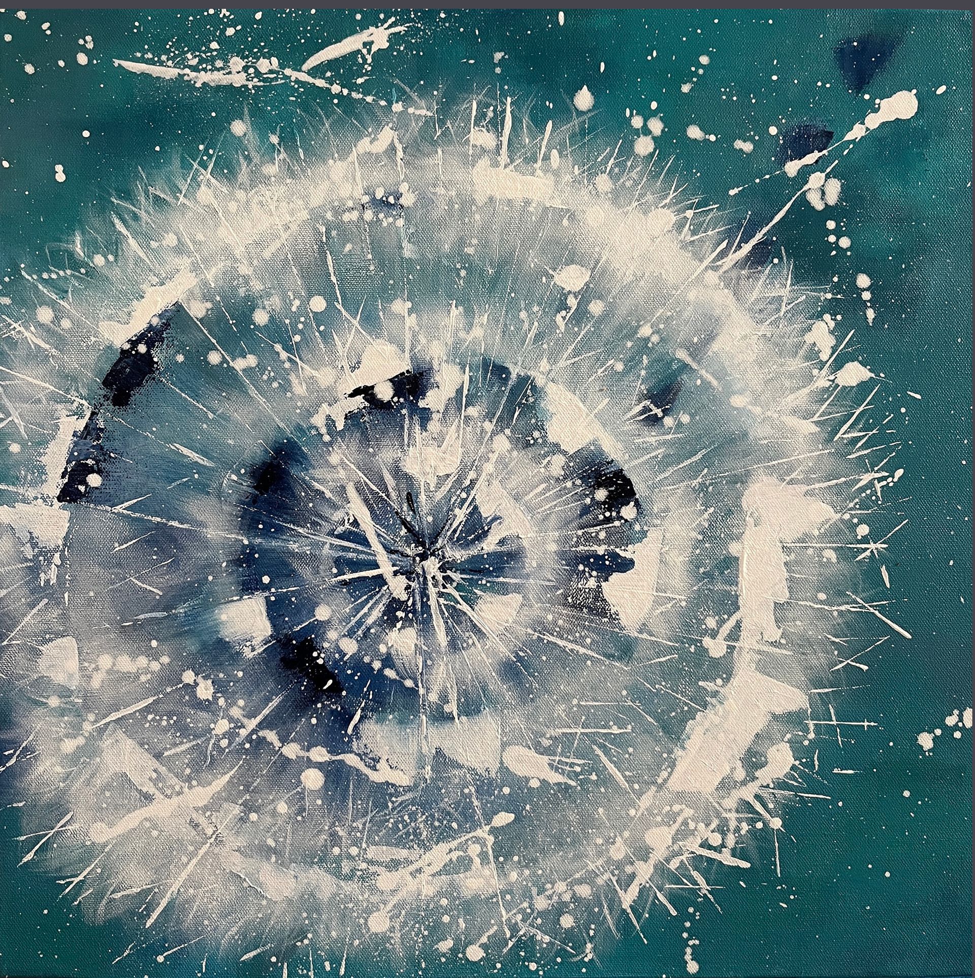 Red Box painting of dandelion gone to seed in teals