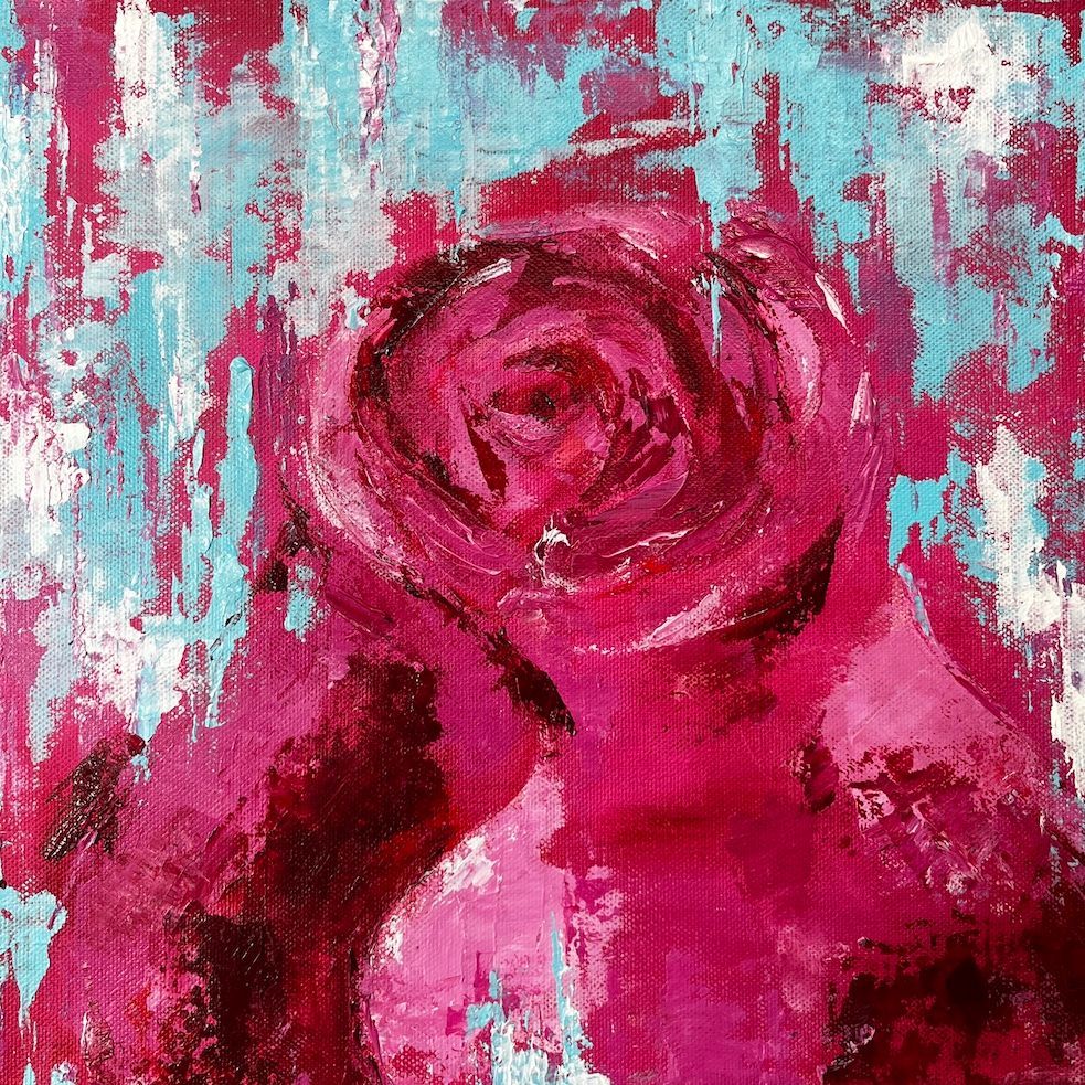 abstract painting by Red Box Gallery of a pink rose
