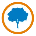 A blue tree in an orange circle on a white background.