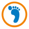 A blue footprint in an orange circle on a white background.