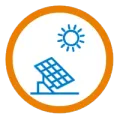 An icon of a solar panel and a sun in an orange circle.
