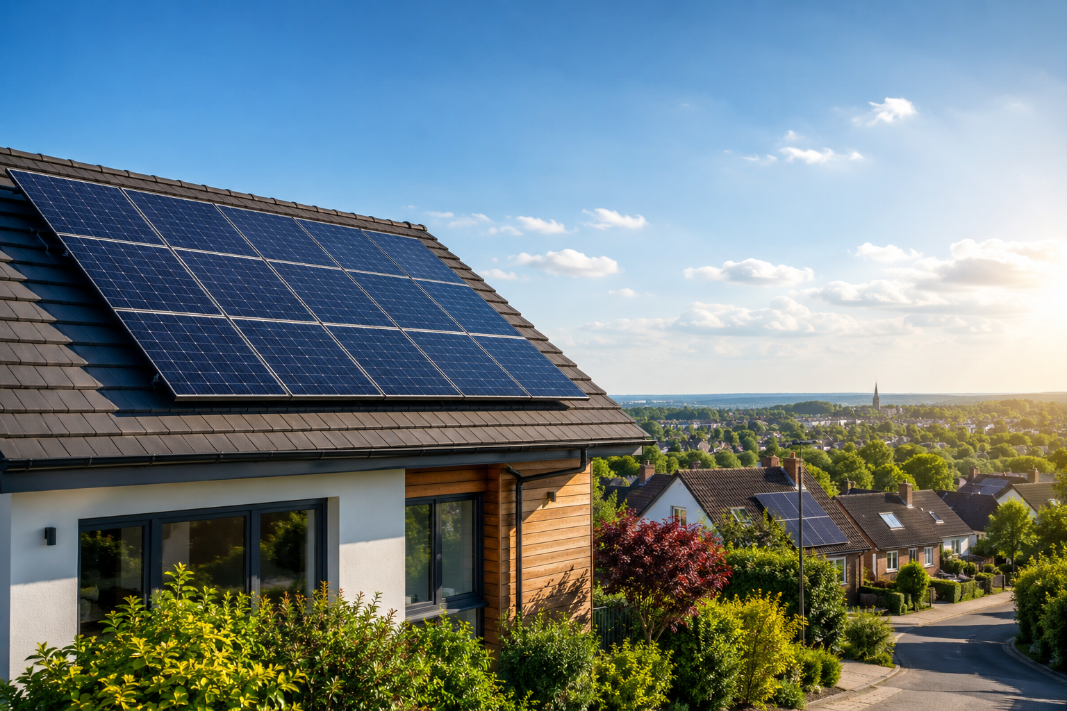 House rooftop with solar panels overlooking a sunny suburban neighborhood