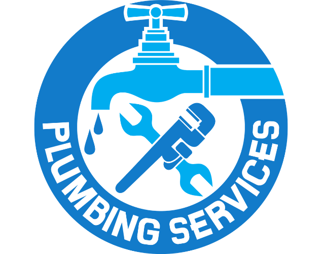 Blue circular logo for plumbing services with faucet, pipes, wrench, and water droplets.
