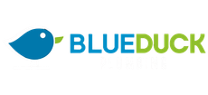 Blue duck logo with a blue bird icon and green-accented “BLUEDUCK” text